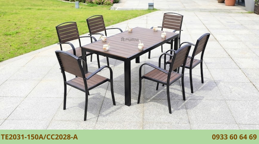 Bộ bàn ghế ăn nhà hàng khung nhôm mặt gỗ nhựa polywood nhập khẩu TE2031-150A/CC2028-A