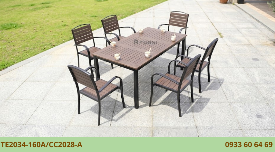 Bộ bàn trà sân vườn 6 ghế chống chịu nắng mưa nhập khẩu TE2034-160A/CC2028-A