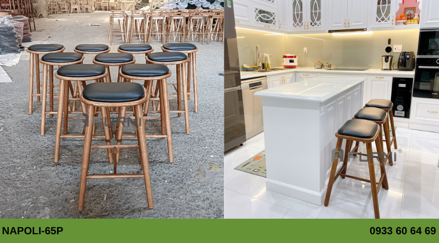 Ghế gỗ đảo bếp nệm ngồi bọc nệm da Napoli-65P